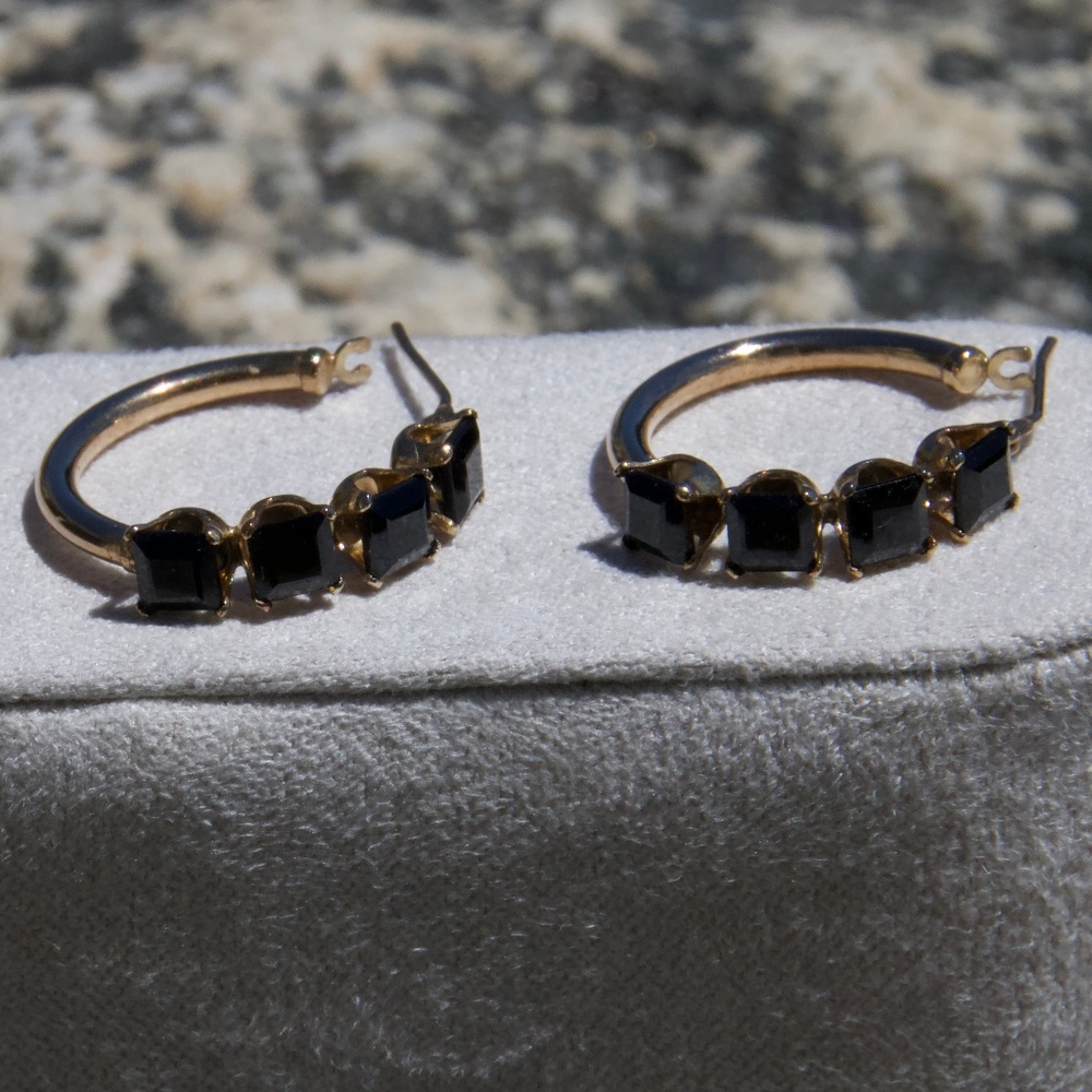 Black Onyx and Gold Hoop Earrings 10k